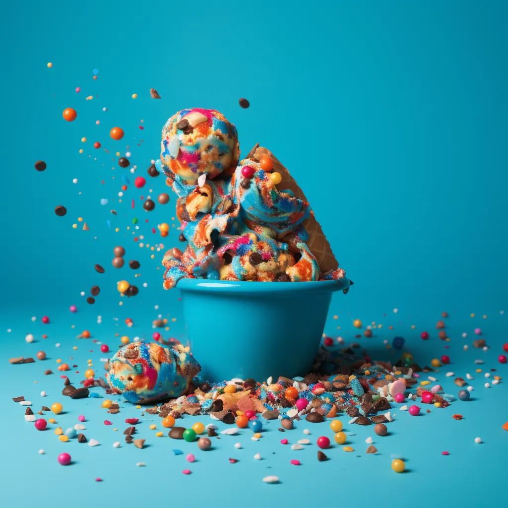 a heaping bowl of ice cream on a blue background with an explosion of sprinkles
