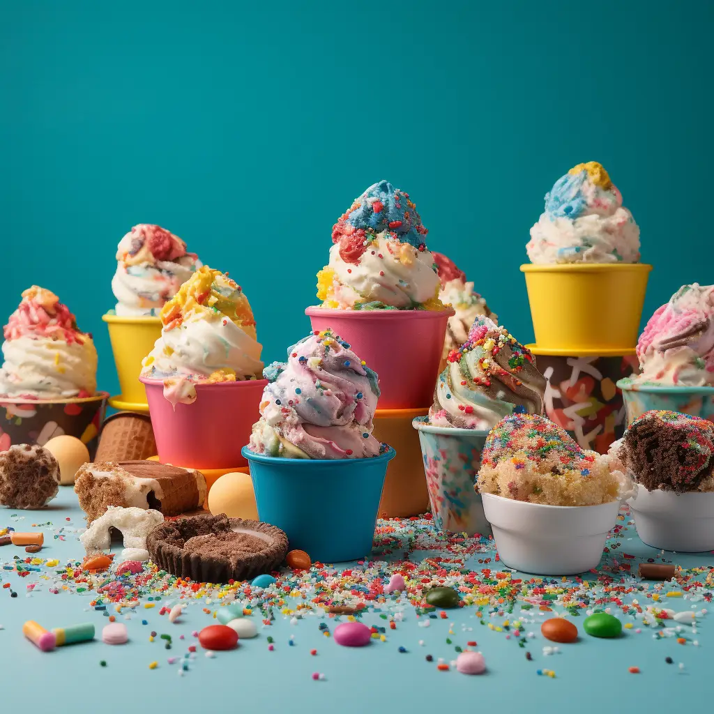 a heaping bowl of ice cream on a yellow background with an explosion of sprinkles