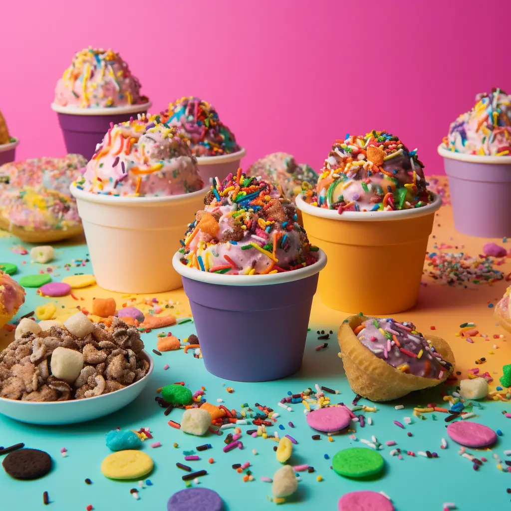 a heaping bowl of ice cream on a blue background with an explosion of sprinkles