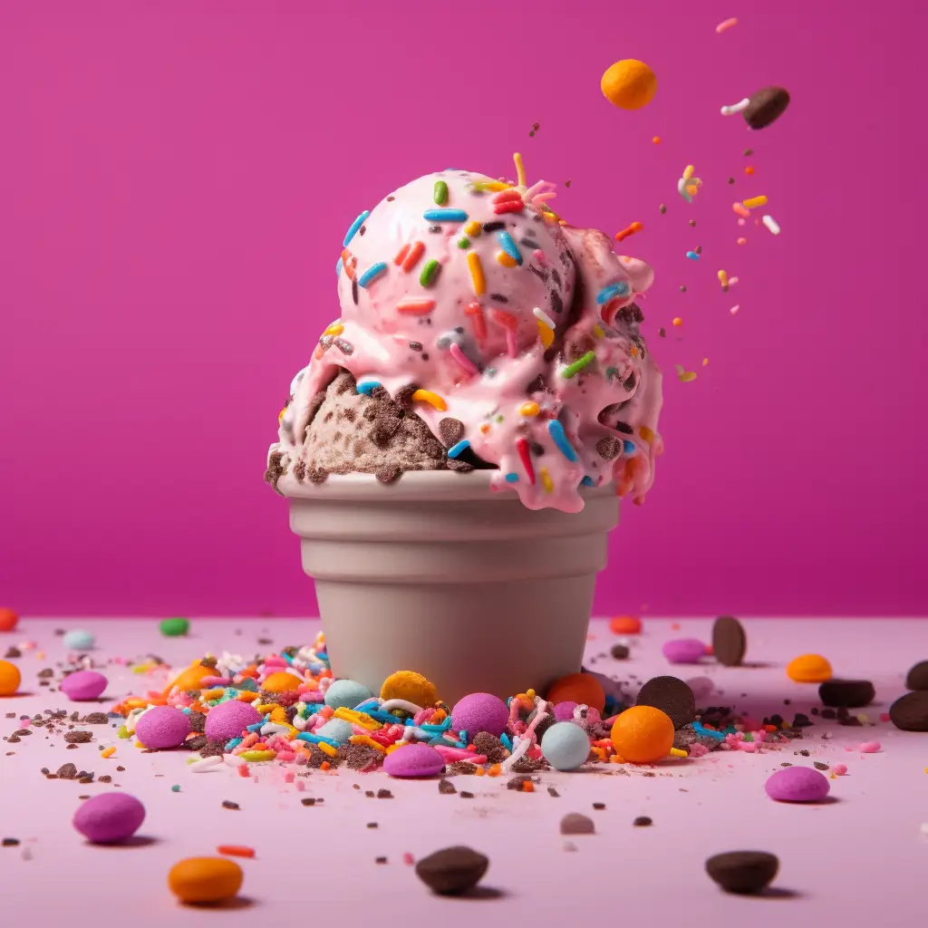 a heaping bowl of ice cream on a pink background with an explosion of sprinkles